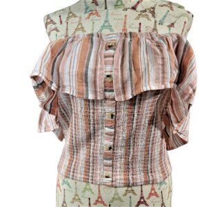 Dizzire Large Off The Shoulder Ruffle Smocked Striped Cotton Cropped Top Blouse